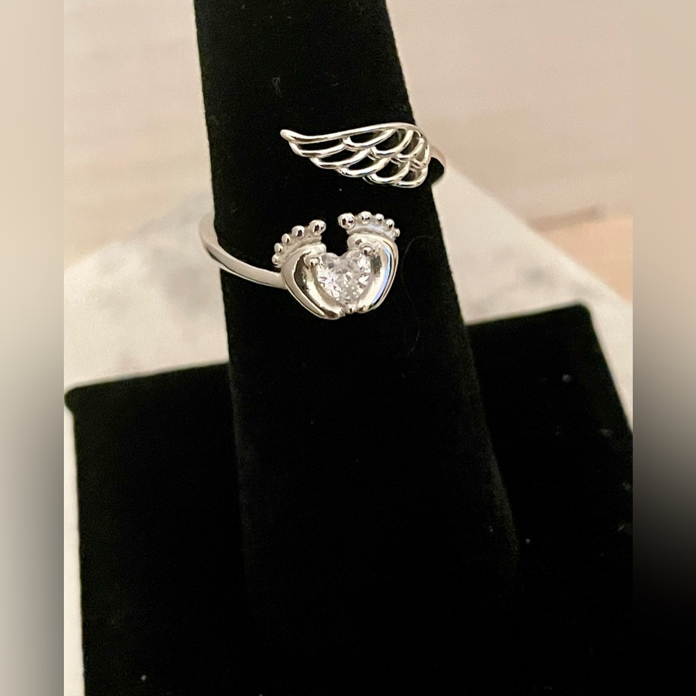 👣🪽Mommy of an Angel / Footprints wings😇 Stamped S925 Silver Adjustable Ring NWT - Picture 3 of 11